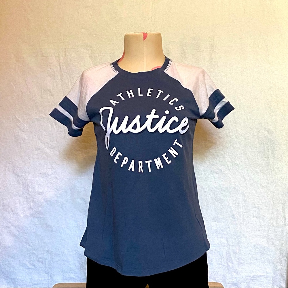 🩷Justice tshirt blue/gray with white sleeves. Athletic style size 12